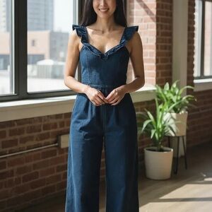 Express Denim Jumpsuit with Ruffle Straps